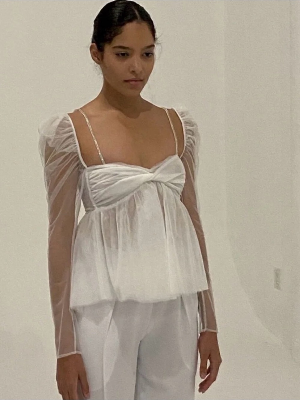 The Bar Sheer White Tulle Babydoll Top with Twisted Front